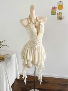 Soleia 女士度假浪漫岛屿假日露背针织网眼粉色花卉印花连衣裙，休闲，约会，下午茶，海滩，游轮，城市，音乐节，派对，波西米亚风 - 粉色 - 查看 3