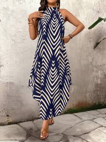 SHEIN LUNE Đầm dài hở lưng kẻ sọc rộng rãi cho nữ, phong cách nghỉ dưỡng - Màu xanh hải quân - Xem 3