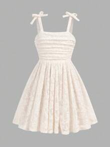 女童可爱优雅杏色花卉针织吊带连衣裙 - 杏色 - 查看 2