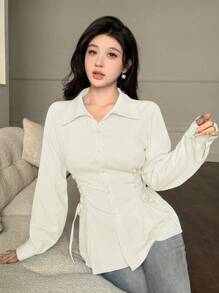Modelyn 女式纯色长袖单排扣抽绳系腰时尚衬衫 - 杏色 - 查看 7