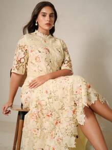 Anewsta Đầm đuôi cá tay ngắn in hoa cỡ lớn có thể hòa tan trong nước, ren, trang phục Maxi dành cho nữ - Màu vàng - Xem 2