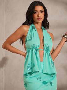 Hauture Top dos nu style haltère avec broderie de paillettes, sexy, pour les vacances d'été - Vert - Voir 7
