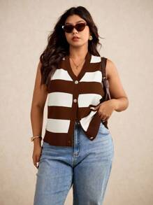 Elaquor 大码休闲通勤拼色条纹针织背心，秋冬女士度假装 - 棕色 - 查看 4