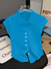 SHEIN Clasi Casual Solid Color Button Front T-Shirt, Versatile For Summer - Teal Blue - View 1