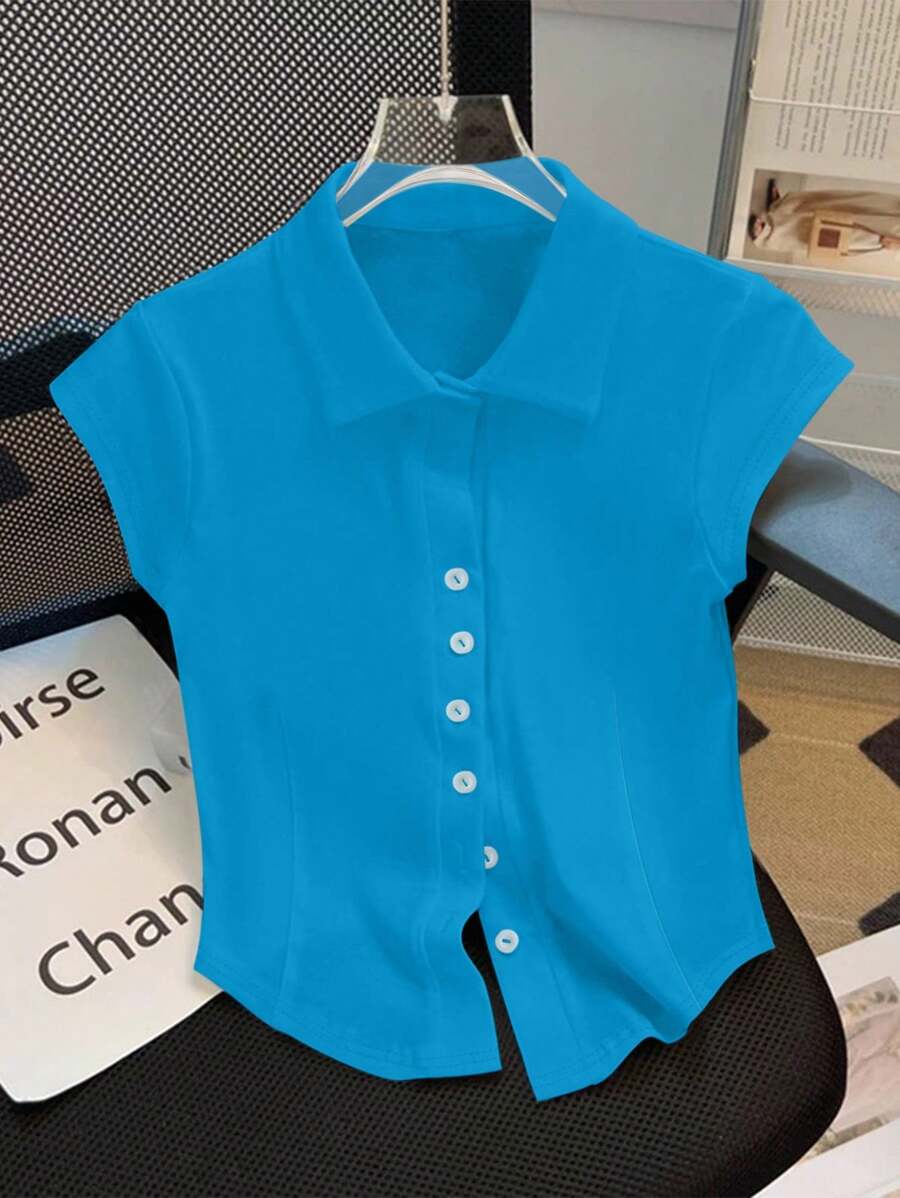 SHEIN Clasi Casual Solid Color Button Front T-Shirt, Versatile For Summer - Teal Blue - View 1