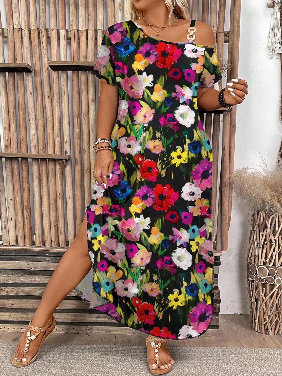 SHEIN LUNE Plus Size Colorful Oil Painting 3D Floral One Shoulder Metallic Buckle Decor Dress