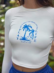 In My Nature 女士字母棕榈树印花插肩袖短款户外 T 恤修身衬衫 - 白色 - 查看 2