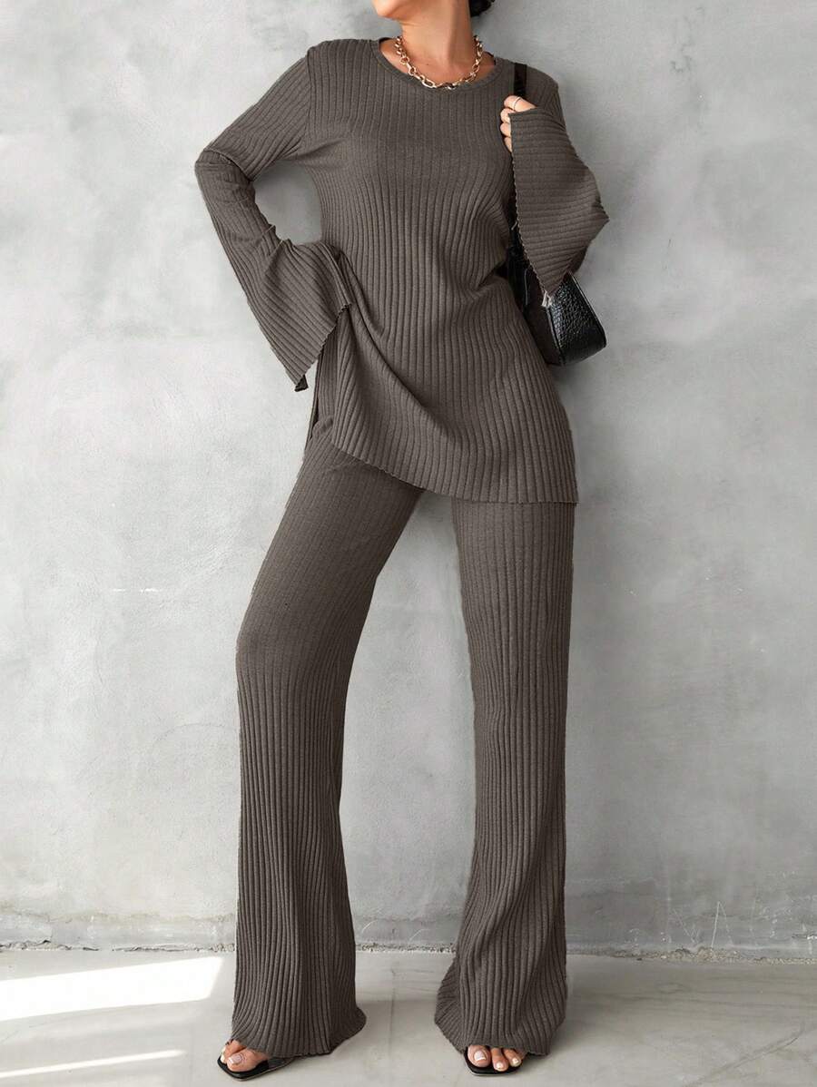 EURMUSE Cotton Solid Split Hem Tee & Flare Leg Pants - Mocha Brown - View 1