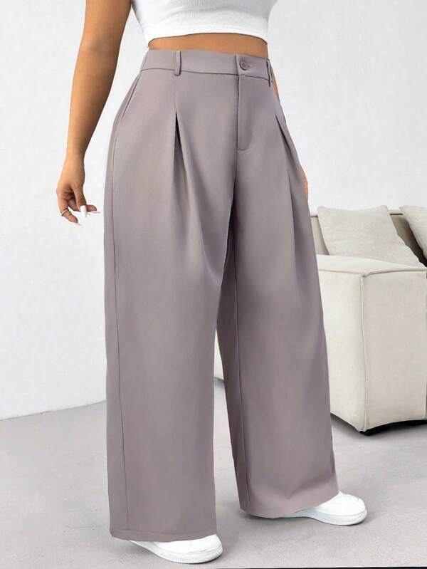 SHEIN EZwear Plus Size Women's Solid Color High Waist Pleated Wide Leg Casual Pants
