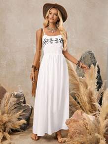 LanaWest Vestido de medio largo de lino y algodón con bordado en estilo occidental para mujeres - Blanco - Ver 1