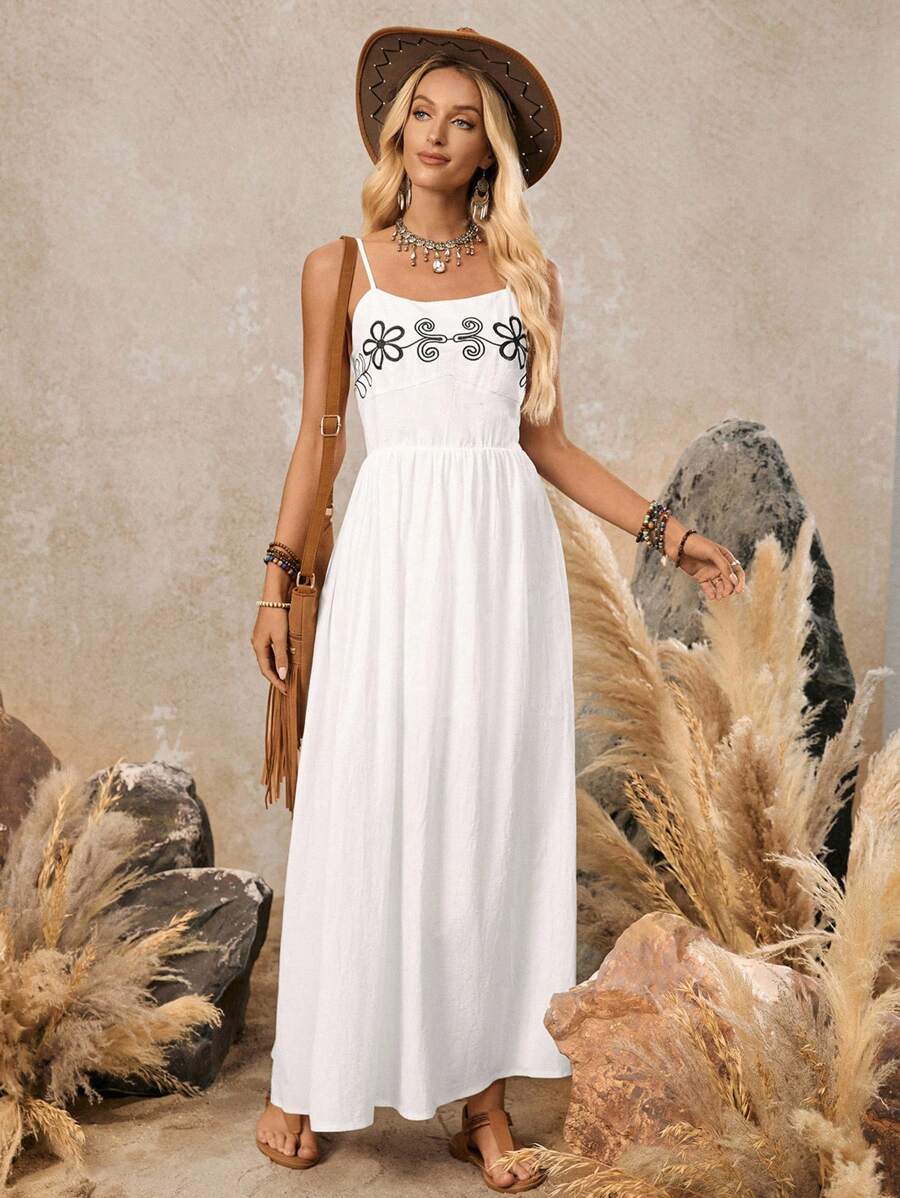 LanaWest Vestido de medio largo de lino y algodón con bordado en estilo occidental para mujeres - Blanco - Ver 1