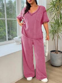 Solflare 2 件套女士加大码玫瑰红色 T 恤和运动裤，休闲套装 - 玫紅色 - 查看 3