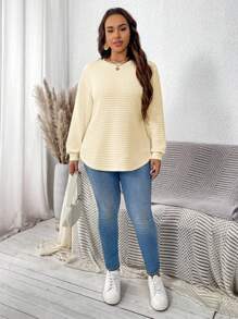 SHEIN LUNE Plus Size Women White Autumn Smart Casual Everyday Solid Round Neck Loose Long Sleeve Textured Quilted Pullover Sweatshirt,Fall Winter Light Sweater - Beige - View 3