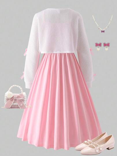 Sparklyn Ensemble de 2 pièces pour préadolescentes: Robe à bretelle avec nœud rose et boléro blanc