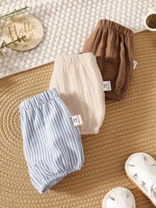 3 件套新生儿夏季休闲百搭条纹纯色松紧腰短裤、打底裤、内衣三件套，适合男婴和女婴