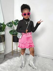 2pcs Young Girl Black Solid Color Knit Crew Neck Long Sleeve Fitted Top, Sibling Matching Outfits (Sold Separately)