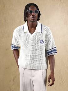SUMWON Retro offene Mesh Poloshirt Sommer Kragen Top Varsity Stil Strick Pullover Kurzarm Tennis Shirt Golf Lässig Preppy Resort Tragen Frühling Einfarbig - Weiss - Übersicht 1