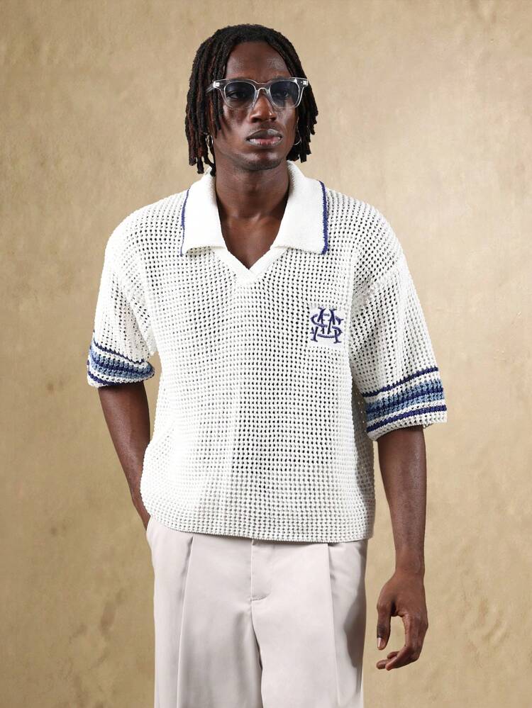 Open Mesh Polo Knit Top With Varsity Stripes