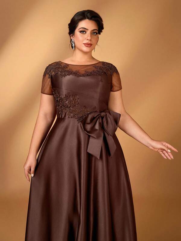 Serin Plus Size Elegant Gorgeous Romantic Coffee Color Mesh Splicing Satin Pleated Luxury Sequins Applique Short Sleeves Bow A-Line Hem Suitable For Dinner Bachelorette Party Date Holiday Dance Music Festival Wedding Event Bride Mother Dress Formal Dresses For Wedding Guest Vintage Dress
