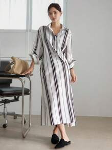 Dazy-Less Langarm gestreiftes Midikleid in lockerer Passform, Casual/Business Formelle Kleidung für Damen, Frühling/Sommer/Herbst