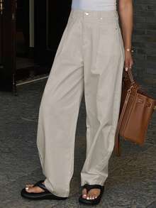 DAZY 女士宽松纯色带口袋萝卜裤，休闲秋季长裤 - 淺灰色 - 查看 4