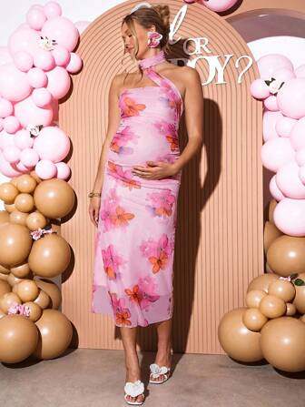 Loomaby 休闲度假花卉印花性感露背孕妇装