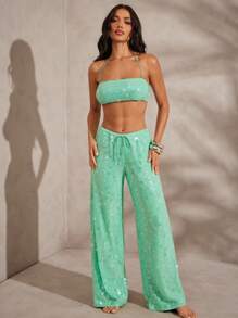 Hauture Áo yếm hở vai sequin đơn giản cho kỳ nghỉ hè gợi cảm - màu xanh lá - Xem 3