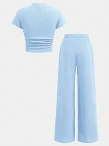 SHEIN 青少年女孩两件套：纯色纹理针织立领修身短袖 T 恤和阔腿裤 - 藍色 - 查看 9