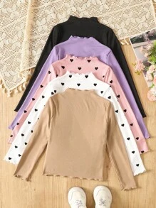 青少年女孩休闲基础款纯色针织弹力长袖汗衫，多件装，秋冬季休闲日常穿着和上学日常必备单品 - 淡紫色 - 查看 2