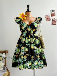 Soleia Rochie mini pentru femei de mărime mare, exclusivă, cu imprimeu de lămâie, mânecă scurtă, talie strânsă, linie A - Multicolor - Vizualizare 1