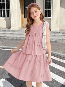 SHEIN Tween Girls Comfortable Solid Color Sleeveless Top And Mini Skirt 2-Piece Set - Dusty Pink - View 1