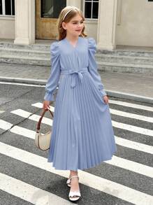 SHEIN Serisse Kids 青少年女孩休闲泡泡袖V领褶裥长裙 - 霧霾藍 - 查看 11