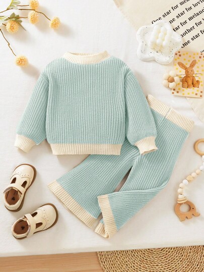 SHEIN Babygirl Colorblock Pullover Sweater Top And Loose Elastic Waist Knitted Pants Set, Cute Fashion Autumn/Winter Baby Knit Set Toddler Knit Set Two Piece Knit Set Baby Girl Knit Set Baby Two Piece Outfit Fall