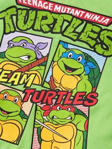 TEENAGE MUTANT NINJA TURTLES | SHEIN 2pcs Young Boy Summer Cartoon Green Sleeveless Vest And Elastic Waist Loose Shorts Set - Green - View 4