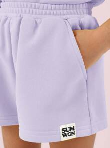 SUMWON 女童夏季套装，梦幻宽松露脐上衣搭配同款短裤，休闲日常街头风童装 - 紫色 - 查看 7