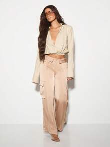 KIZN Long Sleeve Collared Wrap Blouse Button Down Professional Office Work Autumn Linen Feel Feel Oversized Casual Crossover Top With Shoulder Pads - Khaki - View 3