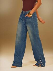 Denimoi Straight Leg Ankle Slit Button Detail Denim Jeans - Medium Wash - View 5