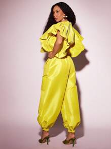 Vixey Buttery Yellow Drawstring Waist Solid Taffeta Jogger Pants, Summer, Vacation, Boho - Yellow - View 5