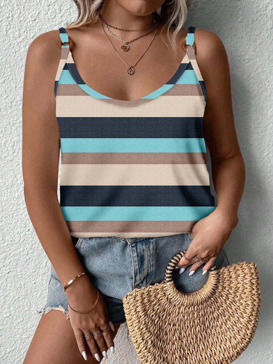 EMERY ROSE Plus Size Women's Colorful Striped Print Camisole Tank Top,Navy Blue Summer Boho Vacation Holiday Casual Minimalist Round Ring Decor Spring/Summer - Multicolor - View 1