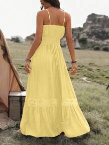 Breezaya 女式夏季撞色蕾丝荷叶边下摆吊带连衣裙、太阳裙长款度假海滩装 - Butter Yellow - 查看 2