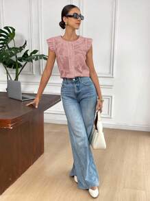 SHEIN Frenchy Blusa de moda con cuello redondo, manga corta y abotonadura sencilla, en tejido jacquard con estampado floral