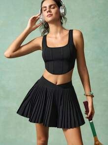 VARSIVA 女士纯色短款上衣和百褶迷你裙健身套装 - 黑色 - 查看 10