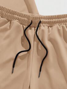 Manfinity Joysei 男士 3D 字母印花针织棕色 T 恤和短裤套装，适合洛杉矶夏季舒适装扮 - 駝色 - 查看 5