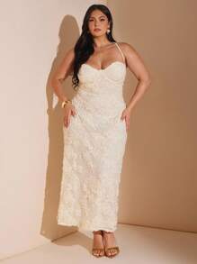 SHEIN BAE 夏季女式提花修身长款细肩带连衣裙 - 杏色 - 查看 4