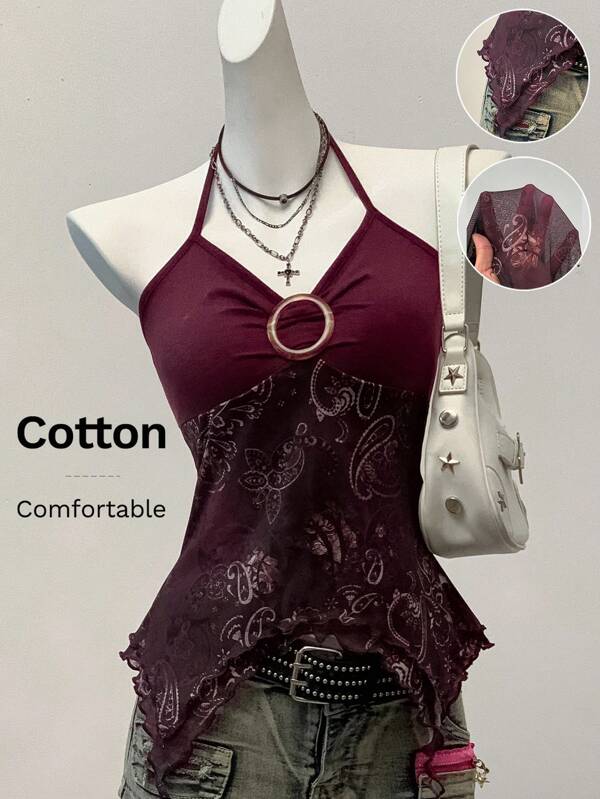 SHEIN EZwear Knitted Burgundy Retro Printed Mesh Camisole Top For Women