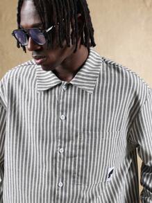 SUMWON 经典纽扣工作衬衫竖条纹图案长袖休闲宽松棉混纺商务休闲办公室专业必备衣橱单品 - 黑與白 - 查看 4