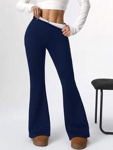 SHEIN EZwear 女士休闲海军蓝保暖修身喇叭裤 - 藏蓝色 - 查看 6