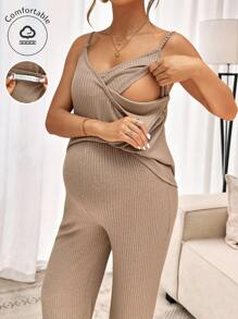 SHEIN 2件套孕妇无袖纯色哺乳裤套装，夏季