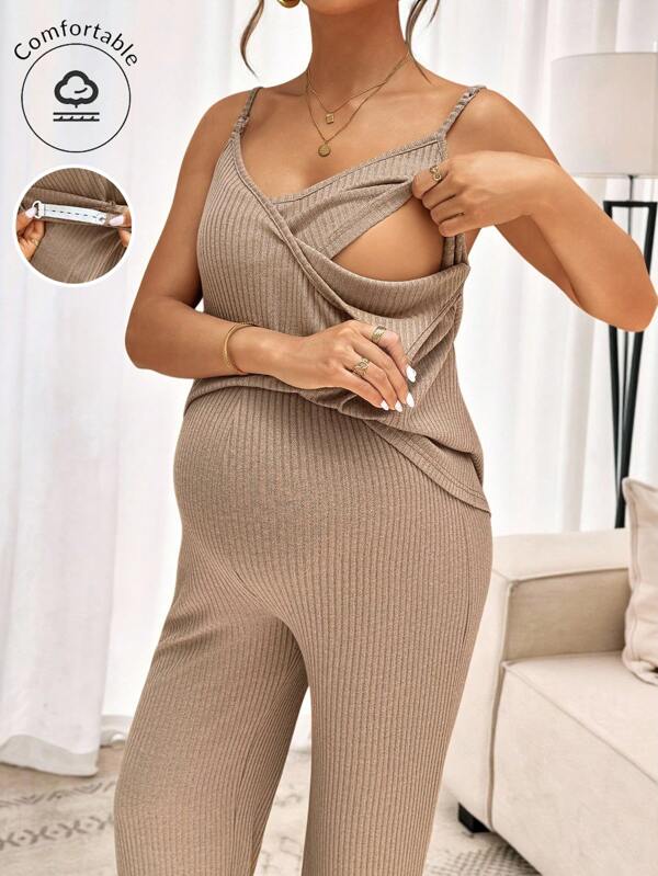 SHEIN 2 Stück Umstandsmode ärmelloses Set aus einfarbiger Hose und Oberteil, Sommer