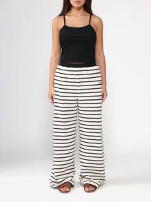 SUMWON Striped Wide Leg Knitted Pants Resort Wear Palazzo Style High Waisted Ribbed Casual Summer Beach Bottoms Cozy Wear Vacation Style - Black and White - View 8